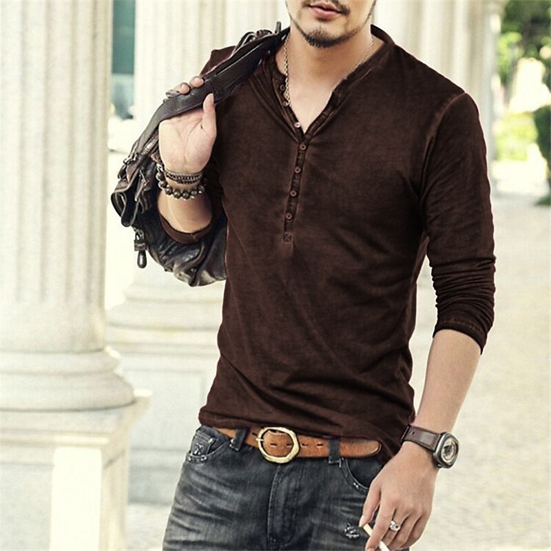 Men's  Henley Shirt Long Sleeve Shirt Plain Henley Street Casual Long Sleeve Button-Down 100% Cotton Classic Casual Muscle T shirt