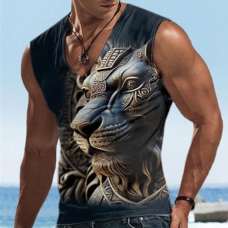 Men's Vest Muscle Sport Sleeveless Animal Print Graphic V-Neck T-Shirt