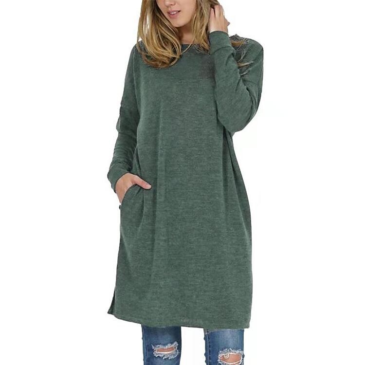 Women's loose casual solid color round neck long sleeve pocket shirt
