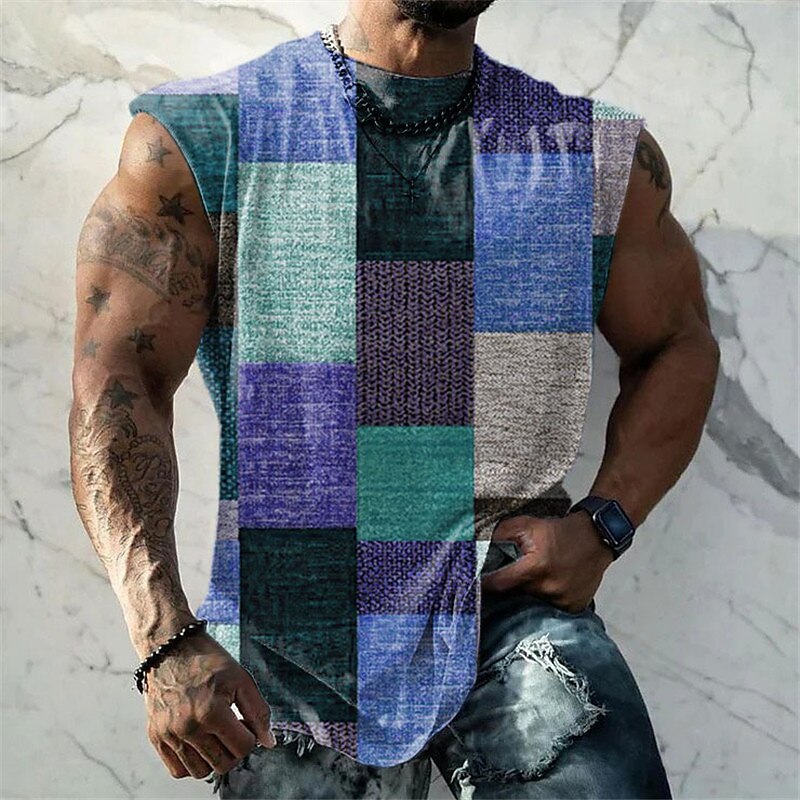 Men's Vest Top Sleeveless  for Men Graphic Color Block Plaid / Check Crew Neck  Print Daily Sports Cap Sleeve Muscle T Shirt