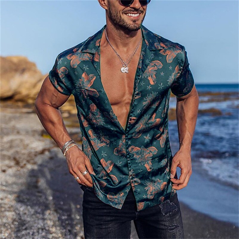 Men's Floral Print Short Sleeve Turndown Tops Beach Outdoor Street But