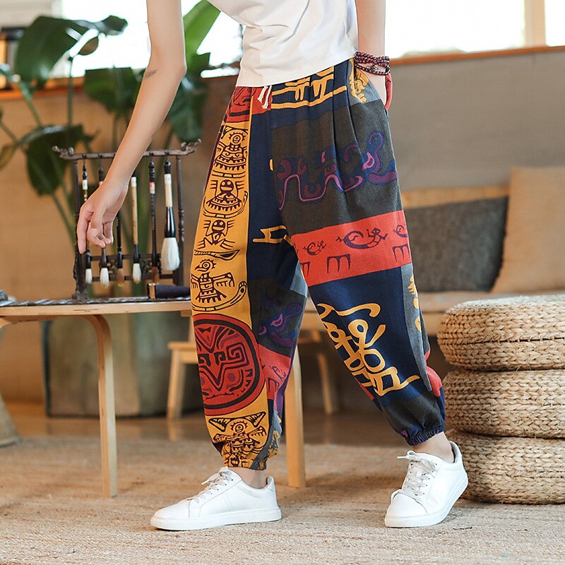 Men's Harem Trousers Pants Elastic Waist Animal Color Block Breathable Soft Full Length Casual Daily Cotton And Linen Chinese Style Harlem Pants 