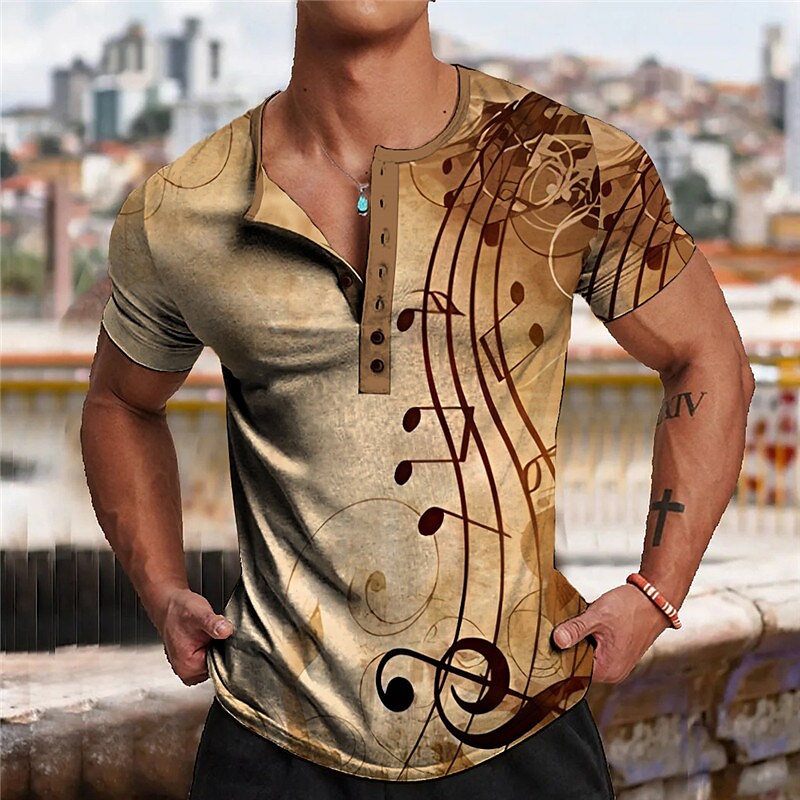Men's Henley Shirt Tee Graphic Musical Notes 3D Print Outdoor Casual Short Sleeve Button-Down Comfortable T-shirt