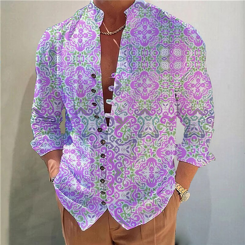 Men's Floral Graphic Prints Vintage Stand Collar Outdoor Street Long Sleeve Print Fashion Comfortable Shirt 