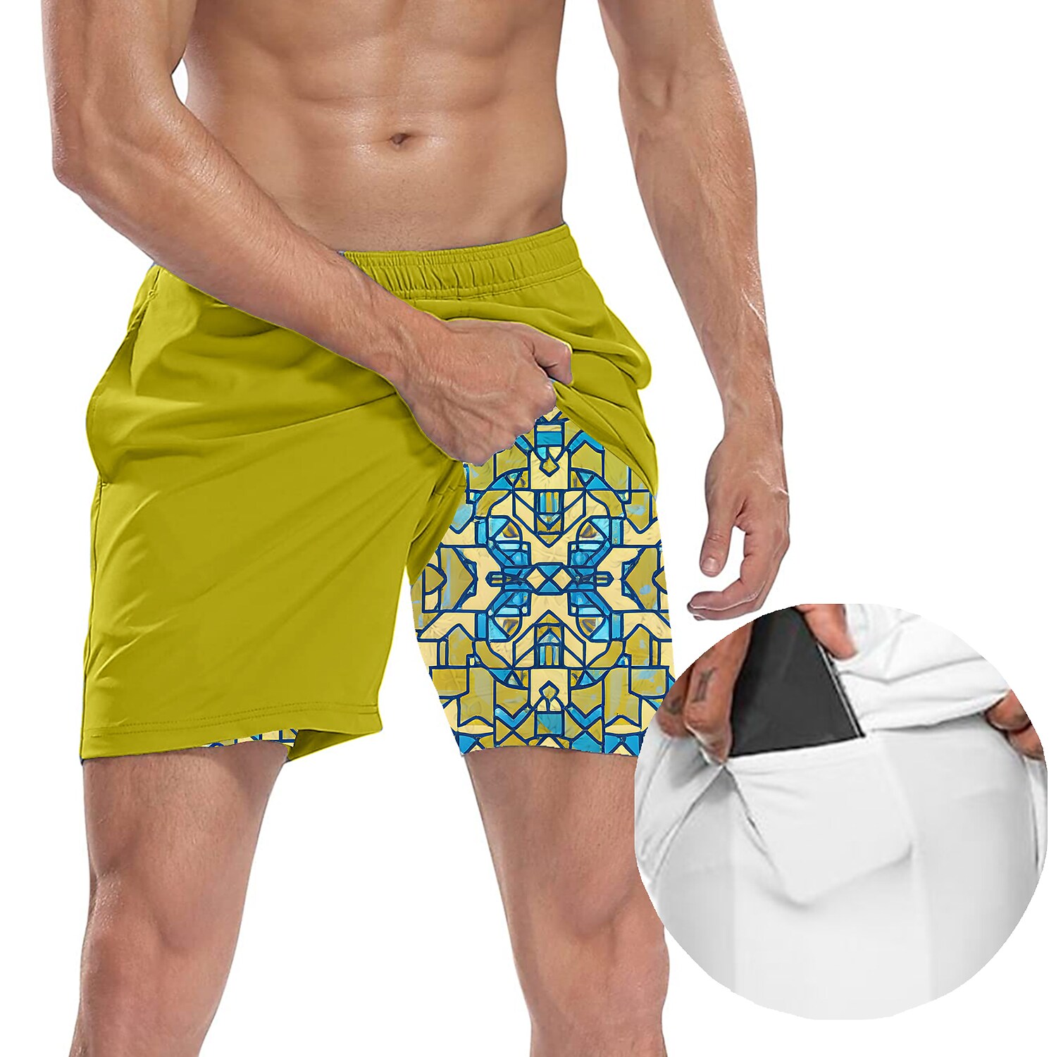 Men's Fitness Quick Dry Drawstring Side Pockets Breathable Printed Pattern Casual Sports Shorts