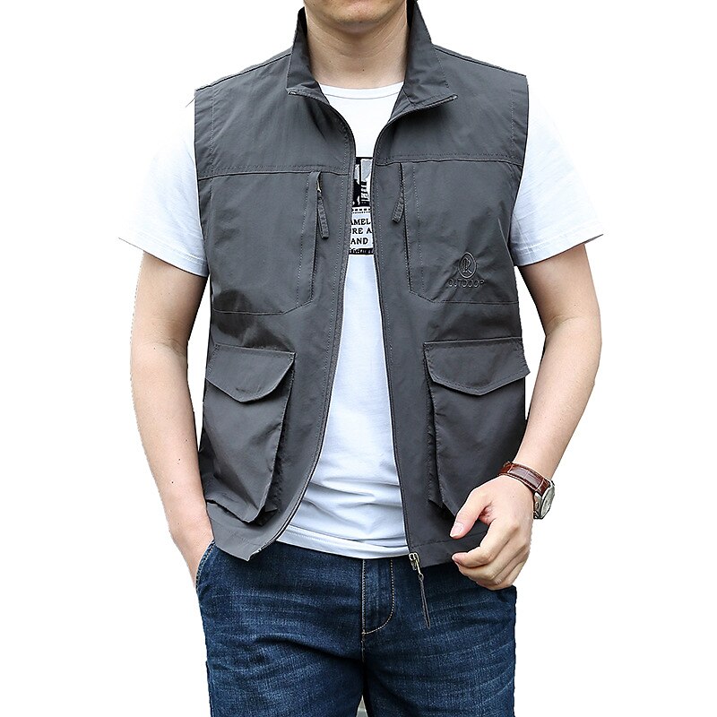 Men's Outdoor Fishing Climbing Casual Breathable Muti-pockets Zipper Light Plain Stand Collar Sleeveless Gilet