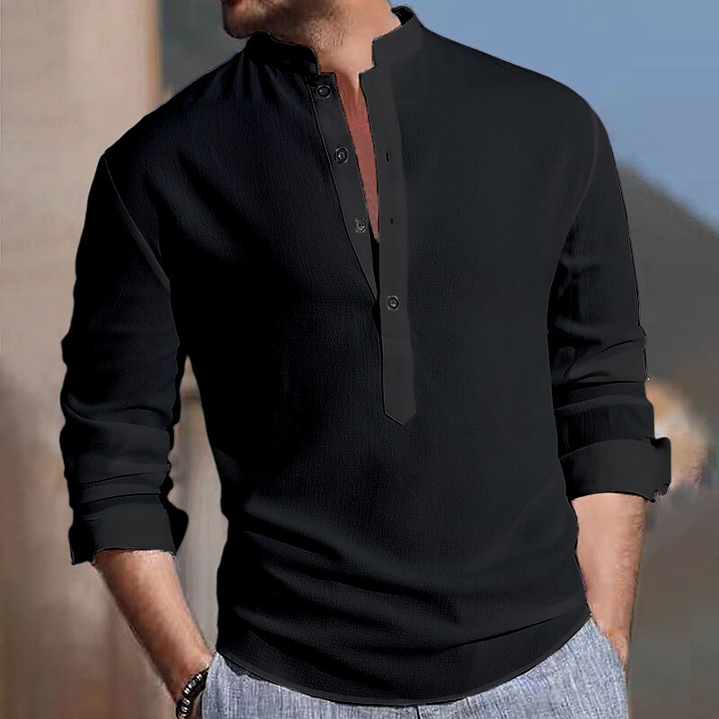 Men's Casual Hawaiian Vacation Street Comfortable Breathable Light Plain Stand Collar Long Sleeve Henley Shirt