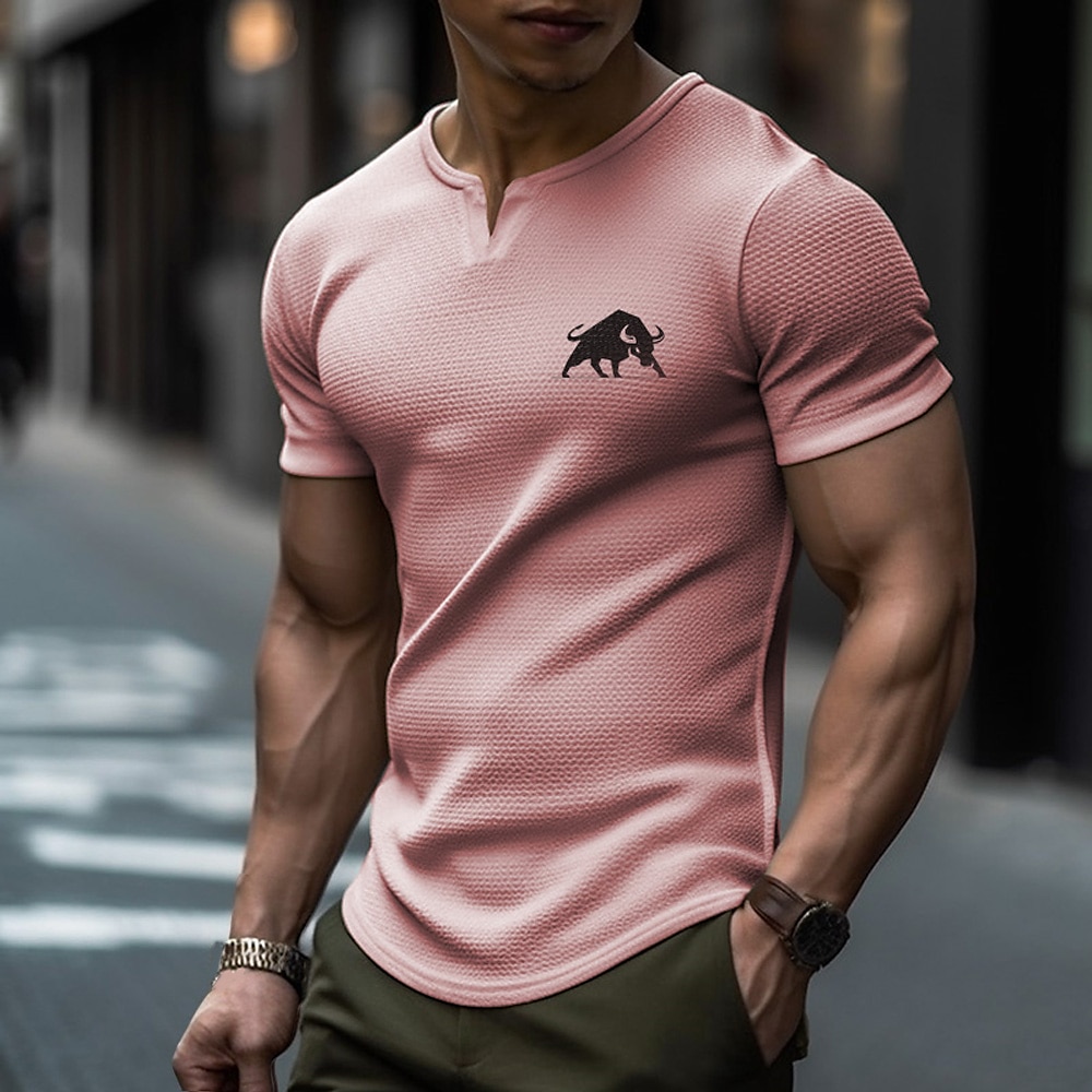 Men's Waffle T Shirt Graphic Cow V Neck Clothing Apparel 3D Print Outdoor Daily Short Sleeve Fashion Designer Basic Top