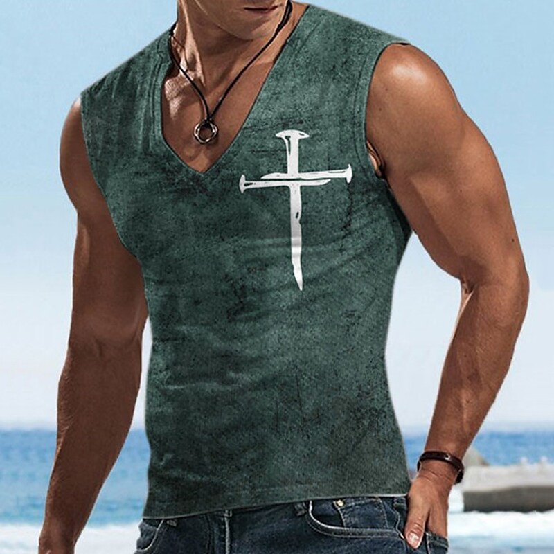 Men's  Sleeveless T Shirt Graphic Cross Faith V Neck Sports Running Sleeveless Designer Casual Muscle Top