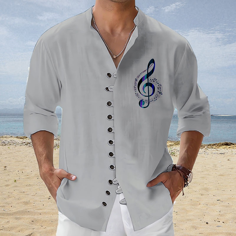 Men's Linen Shirt Graphic Prints Music Notes Stand Collar Outdoor Street Long Sleeve Print Linen Fashion Casual Shirt 