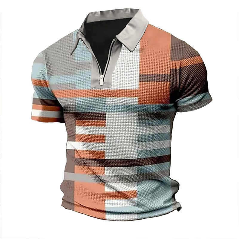 Men's Polo Golf Shirt Plaid Striped Graphic Prints Geometry Turndown Outdoor Street Short Sleeves Zipper Top