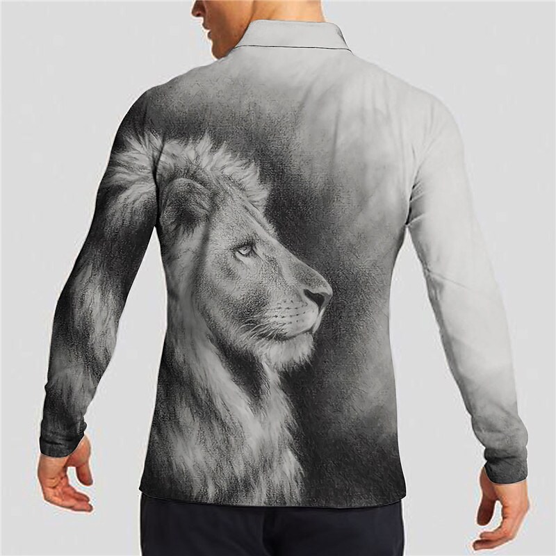 Men's Polo Shirt Casual Golf Button Animal Print Long Sleeve Top