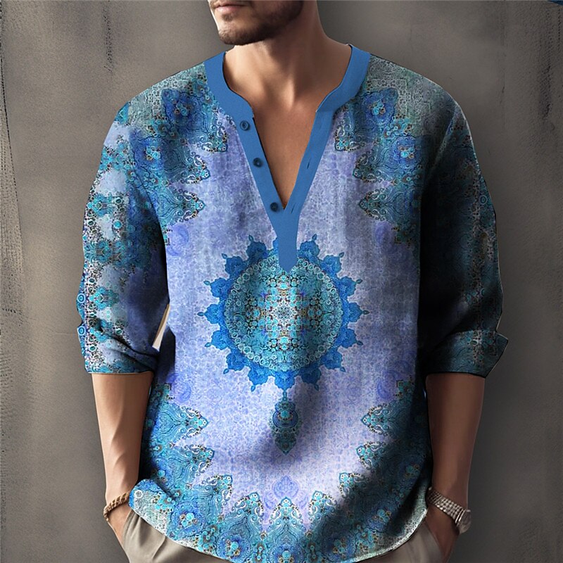 Men's Linen Shirt Graphic Prints Vintage Totem Stand Collar Outdoor Street Long Sleeve Print Clothing Casual Shirt 