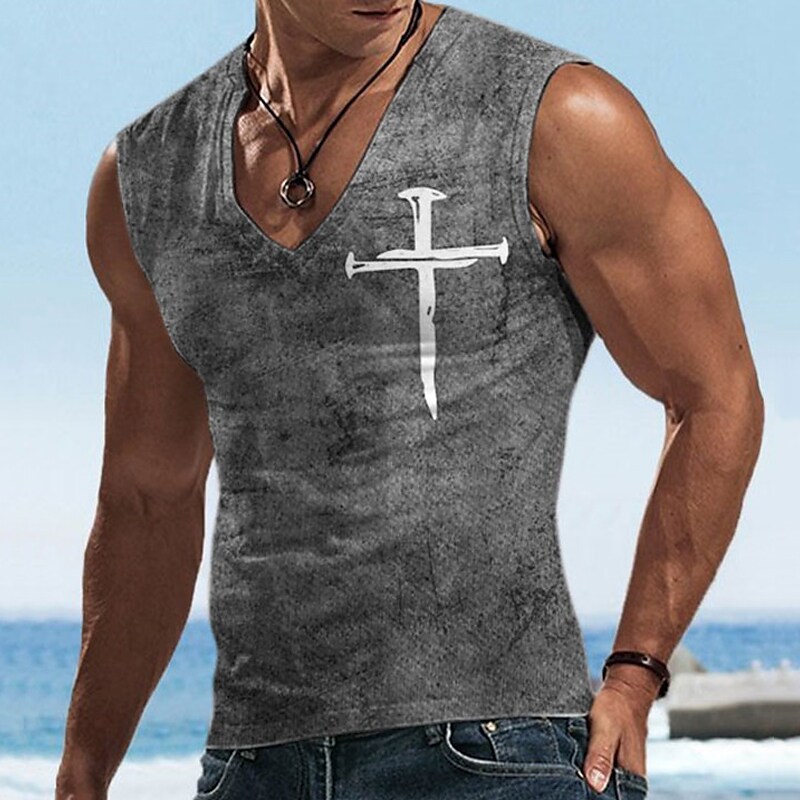 Men's  Sleeveless T Shirt Graphic Cross Faith V Neck Sports Running Sleeveless Designer Casual Muscle Top