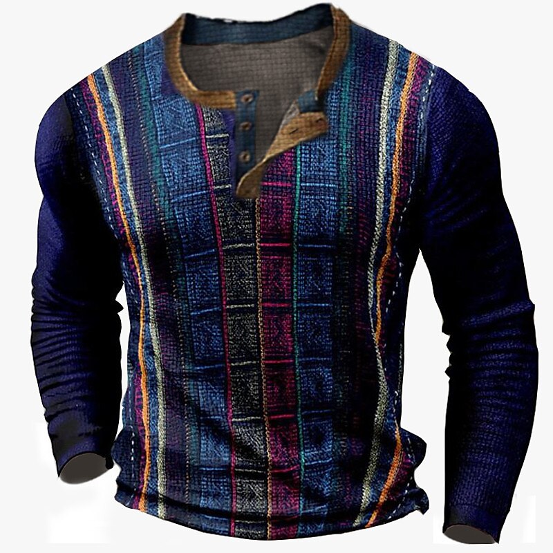 Men's Waffle Outdoor Street Casual Breathable Comfortable Light 3D Print Stand Collar Long Sleeve Henley Shirt