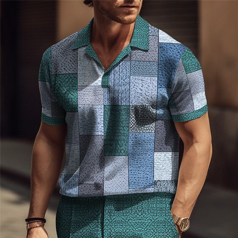 Men's Cuban Collar Shirt Lapel Polo Shirt Plaid / Check Graphic Prints Geometry Stand Collar Outdoor Street Short Sleeve Print Linen Top