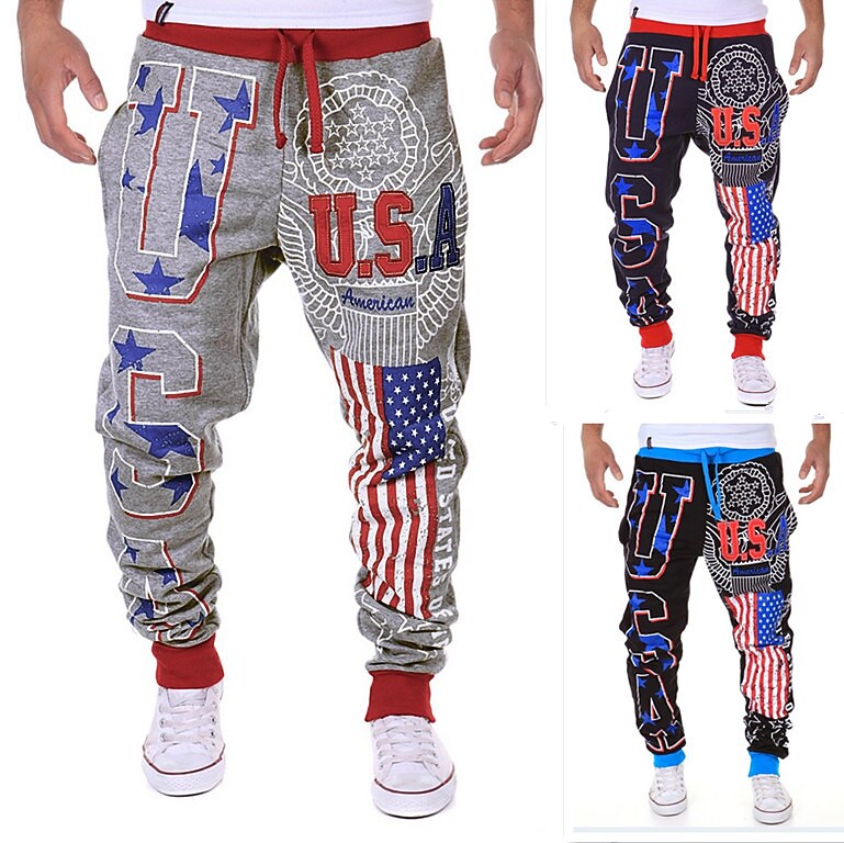Men's Sweatpants Trousers Chinos Drawstring Elastic Waist Letter National Flag Length Weekend Basic Top