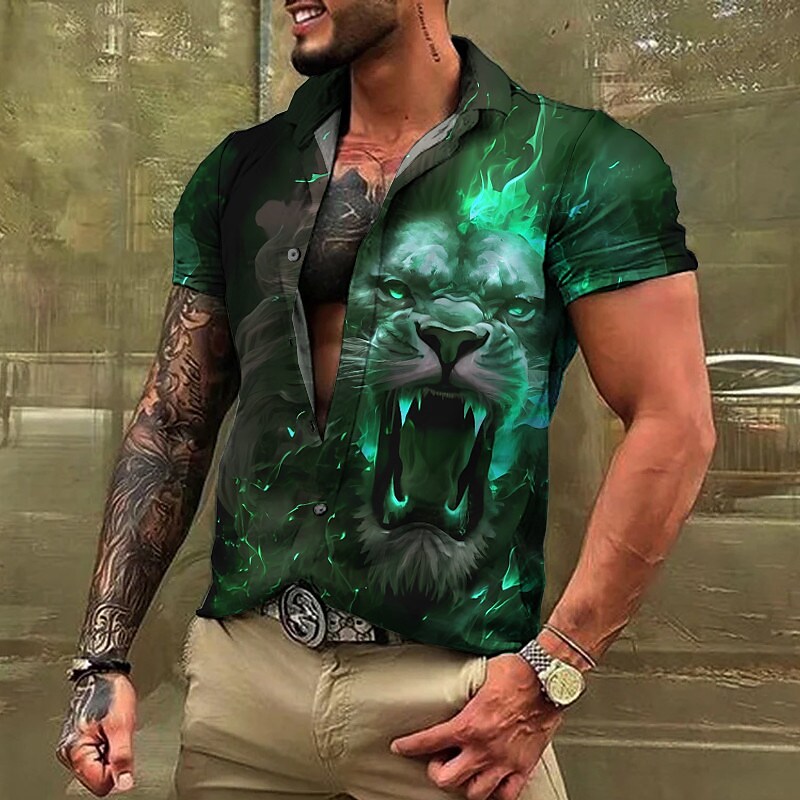 Men's Outdoor Casual Animal Print Street Fashion Lapel Short Sleeve Shirt