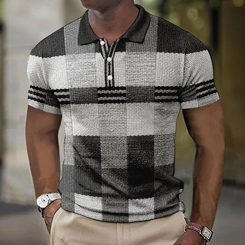 Men's Waffle Outdoor Fashion Street Breathable Comfortable Soft Plaid Short Sleeves Polo Shirt