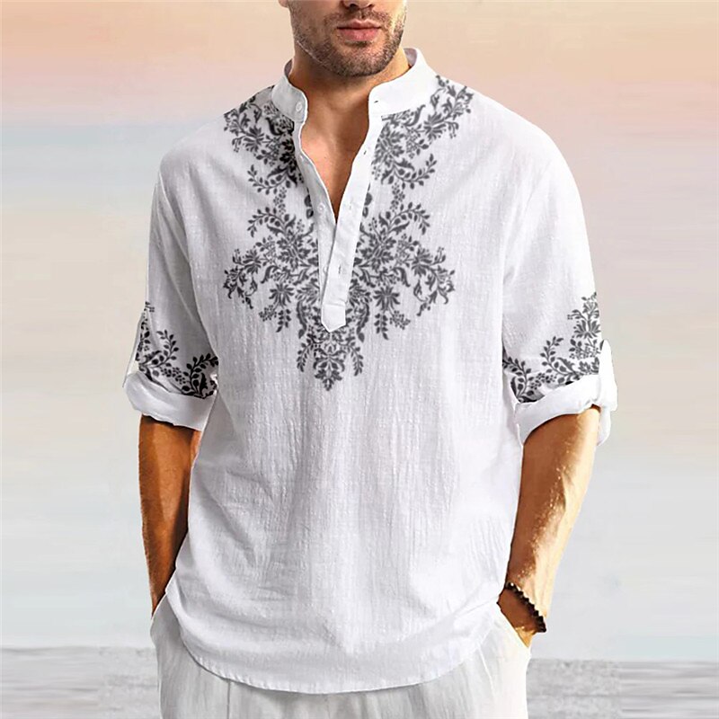 Men's Linen Shirt Floral Graphic Prints Stand Collar Outdoor Street Long Sleeve Print Linen Fashion Casual Shirt 
