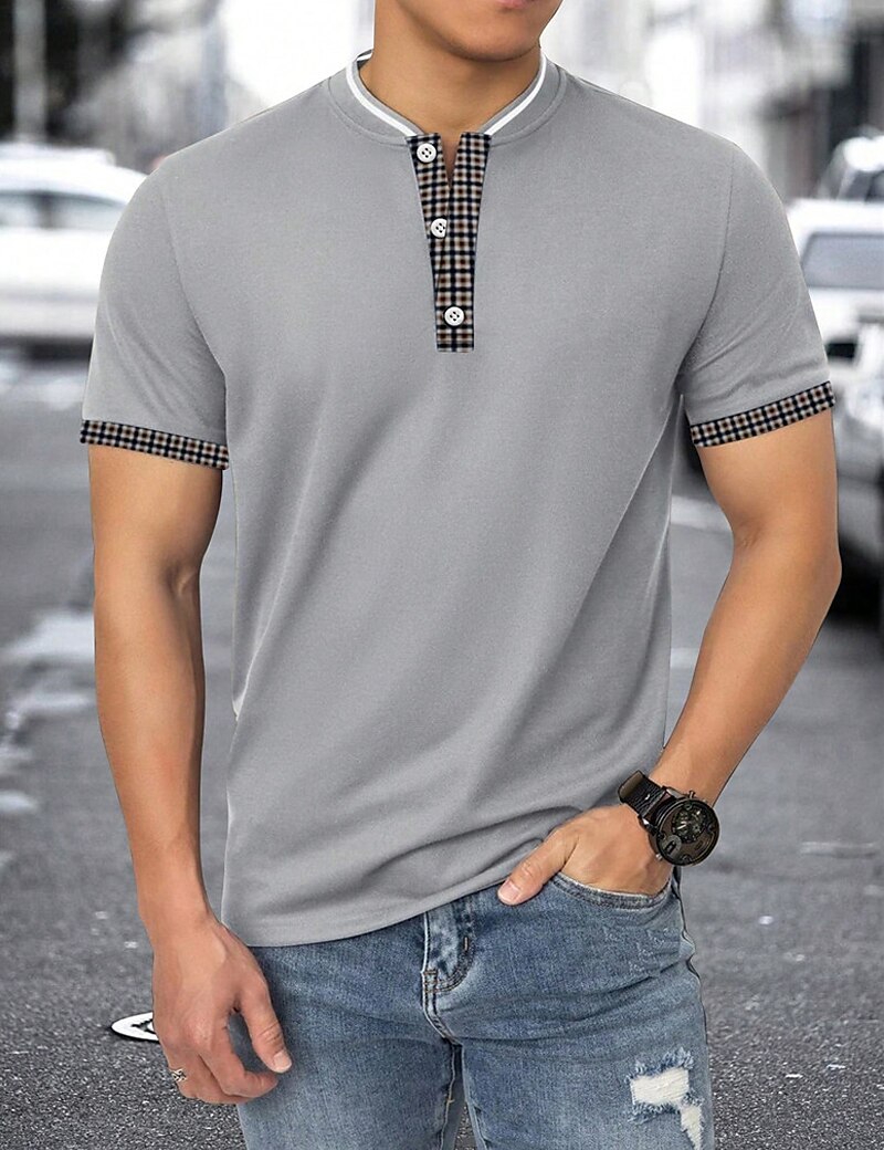 Men's Henley Shirt Plain Plaid / Check Henley Street Vacation Short Sleeves Patchwork Clothing Apparel Fashion Designer Basic Top 