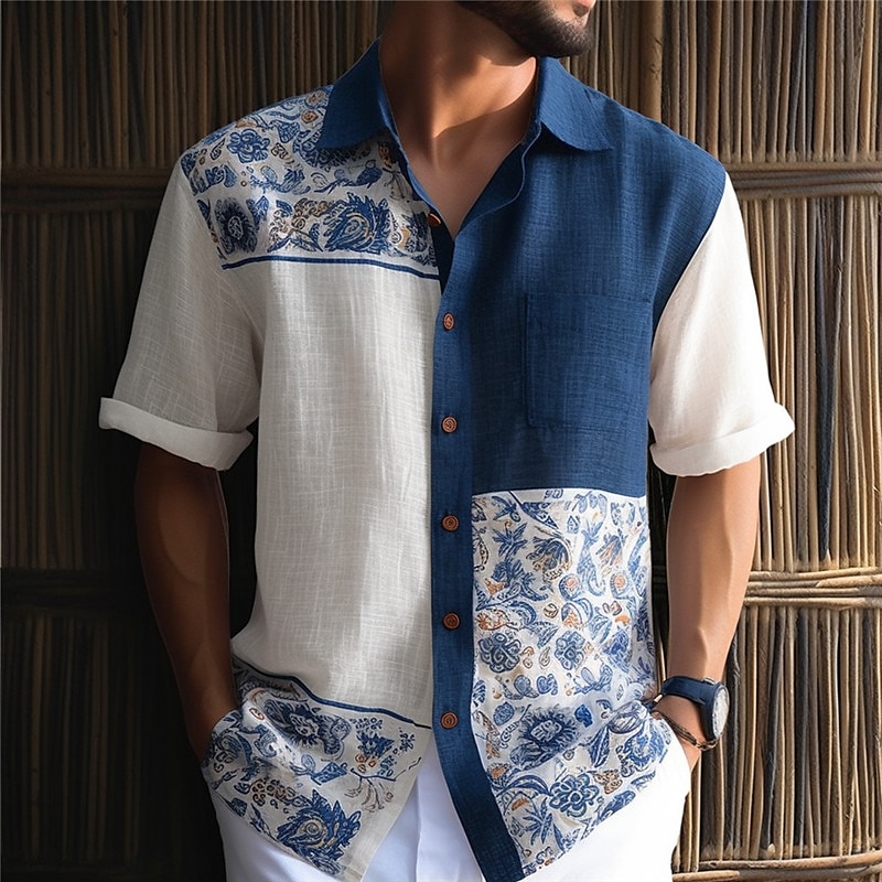 Men's Shirt Linen Shirt Color Block Tribal Graphic Prints Vintage Turndown Short Sleeves Print Linen Casual Soft Top