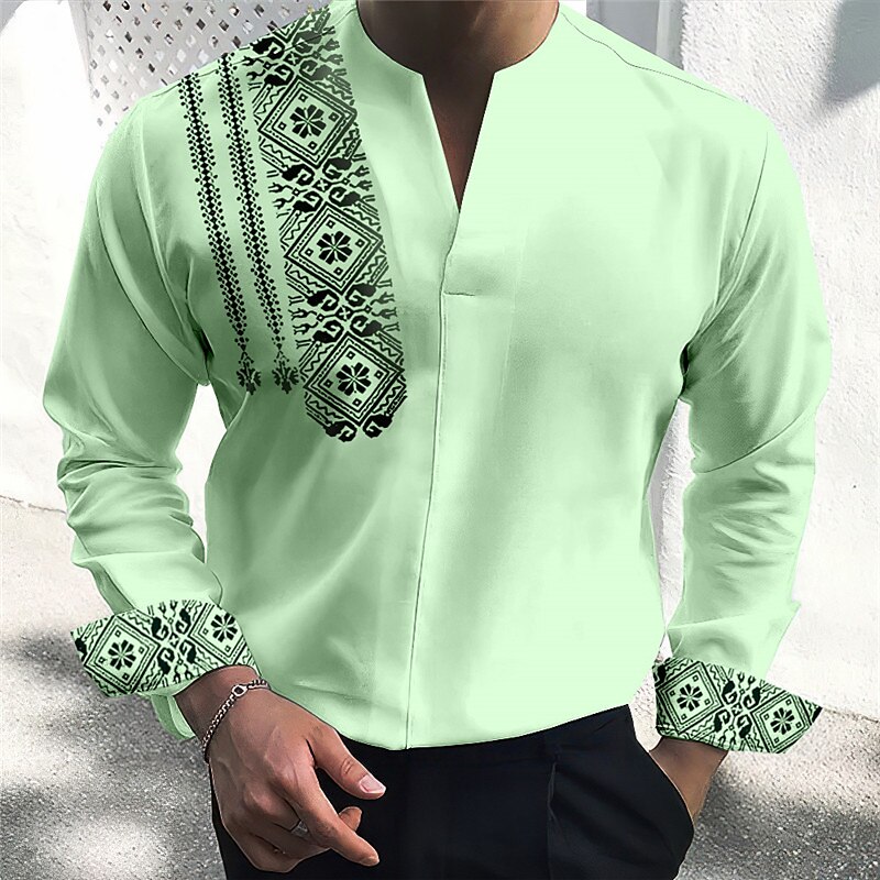 Men's Shirt Floral Vintage Geometry Totem V Neck Outdoor Street Long Sleeve Print  Fashion Casual Top