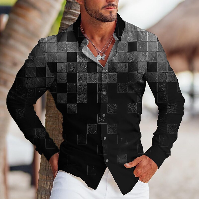 Men's Shirt Plaid Gradient Graphic Prints Turndown Outdoor Street Long Sleeve Button-Down Fashion Streetwear 