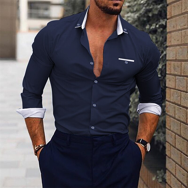 Men's Dress Shirt White Pink Navy Blue Long Sleeve Plain Turndown Spring &  Fall Wedding Going out Clothing Apparel Top