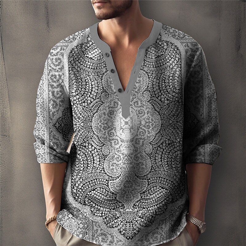 Men's Linen Shirt Graphic Prints Vintage Totem Stand Collar  Outdoor Street Long Sleeve Print Linen Casual Shirt 