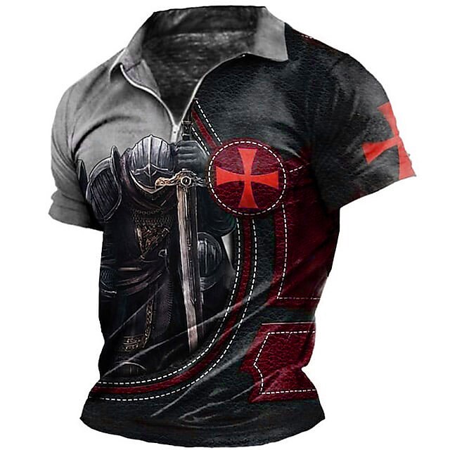 Men's Collar Polo Shirt  Soldier Turndown Print Outdoor Street Short Sleeves Zipper Fashion Casual Breathable Golf Shirt