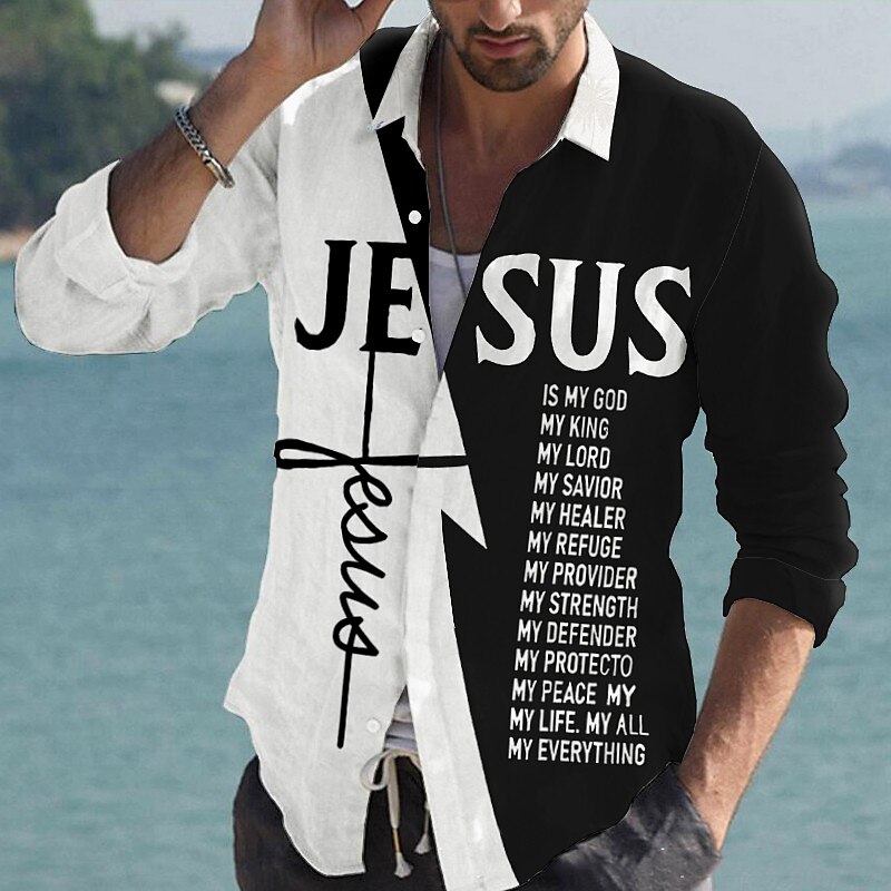 Men's Shirt Linen Shirt Letter Graphic Prints Cross Jesus Turndown  Outdoor Street Long Sleeve Print Linen Fashion Streetwear Casual Top