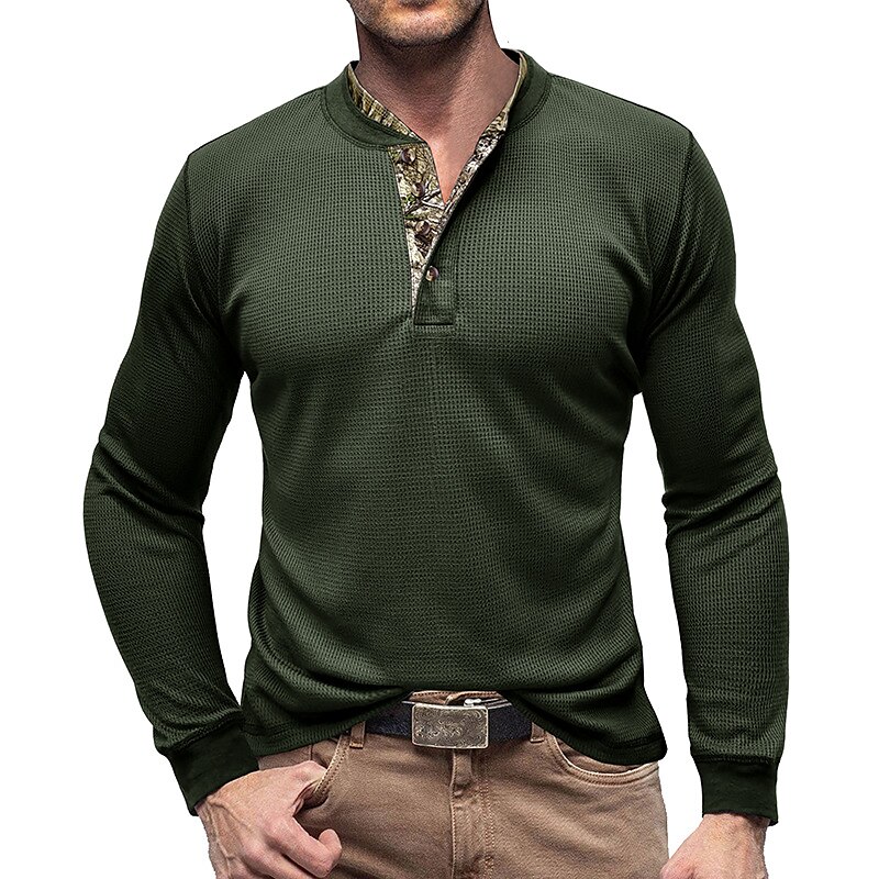 Men's Waffle Top Color Block Henley Street Vacation Long Sleeve Clothing  Henley Shirt