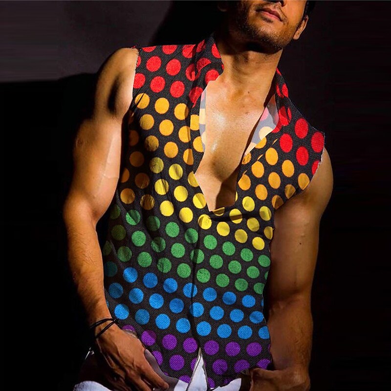 Men's Linen  Shirt Rainbow Graphic Prints Geometry Turndown Outdoor Street Sleeveless  Fashion Streetwear