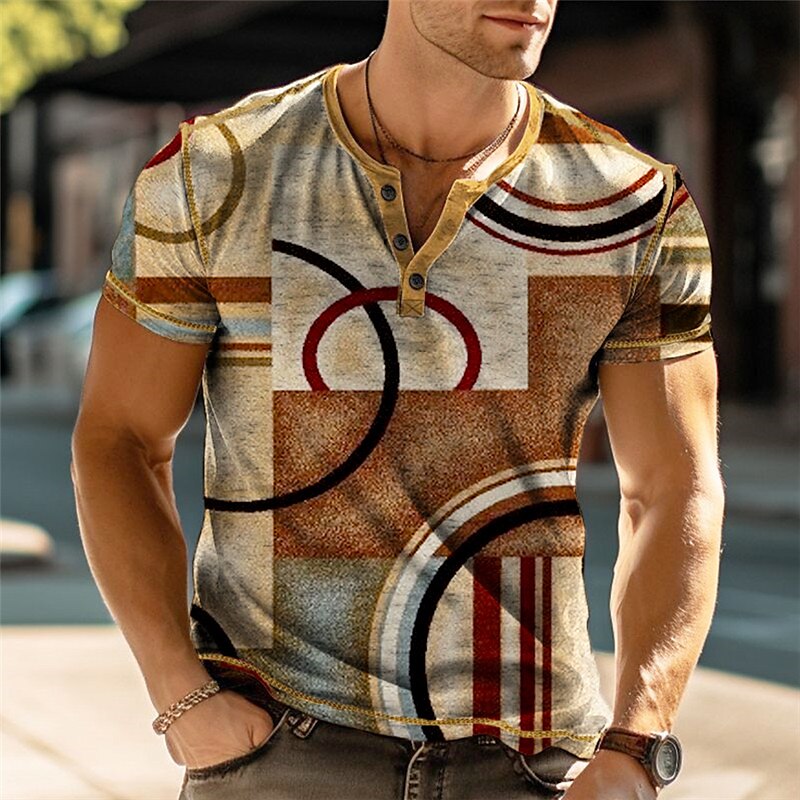 Men's Henley Shirt Graphic Color Block Geometry Henley Print Outdoor Short Sleeve Button-Down Comfortable Top