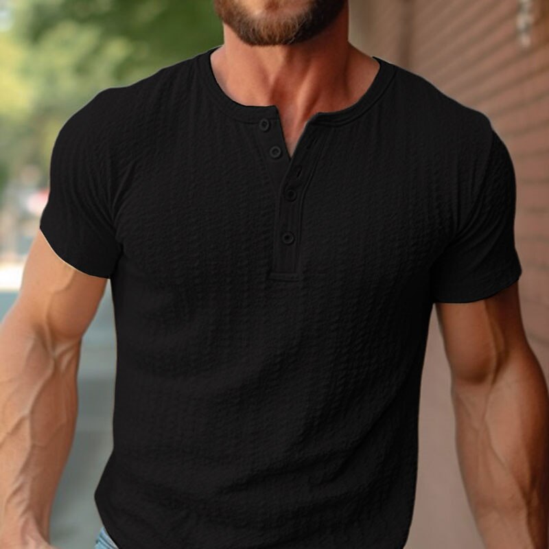 Men's Casual Outdoor Street Fashion Comfortable Breathable Soft Plain Short Sleeves Henley Shirt