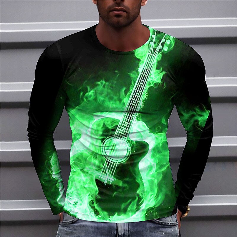 Men's T shirt Graphic Flame Guitar Crew Neck 3D Print Outdoor Casual Long Sleeve Print Vintage Top