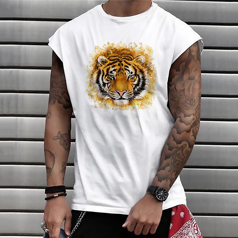 Men's Tank Top Sleeveless Animal Tiger Graphic Prints Crew Neck Hot Stamping Outdoor Sleeveless Print Vest Top