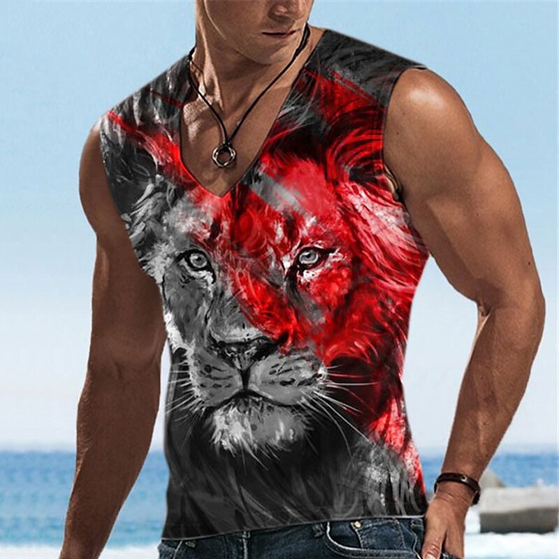 Men's Vest Top Graphic Animal Lion V Neck 3D Print Daily Vacation Sleeveless Designer Casual Comfortable Top