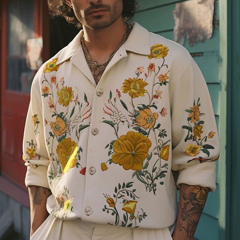 Men's Shirt Floral Graphic Prints Cuban Collar Outdoor Street Long Sleeve Print Fashion Casual Breathable Shirt 