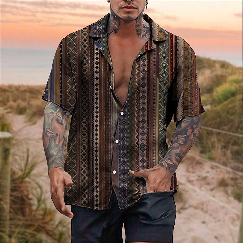 Men's Boho Shirt Floral Tribal Vintage Geometry Cuban Collar Short Sleeve Button-Down Print Tropical Shirt 