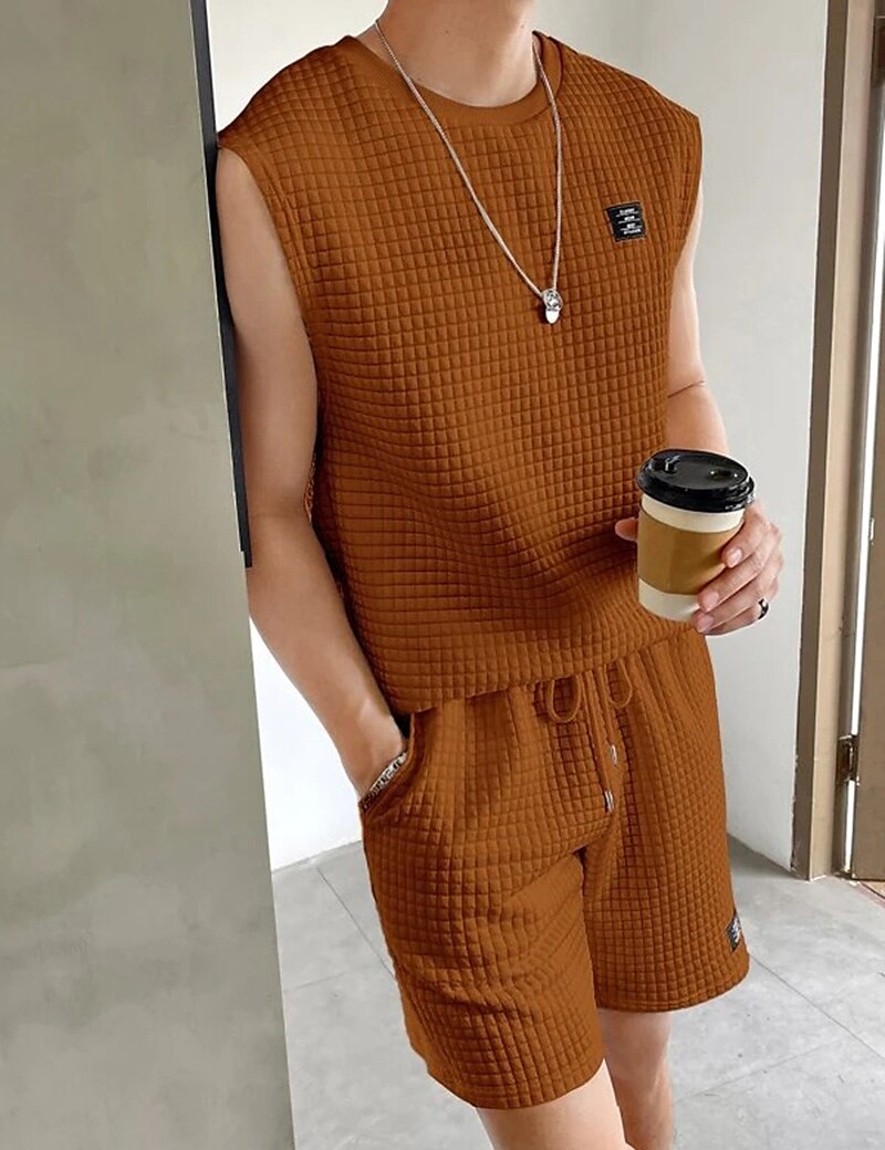 Men's Outdoor Vacation Casual Comfortable Breathable Soft Plain Vest Top Shorts Suit