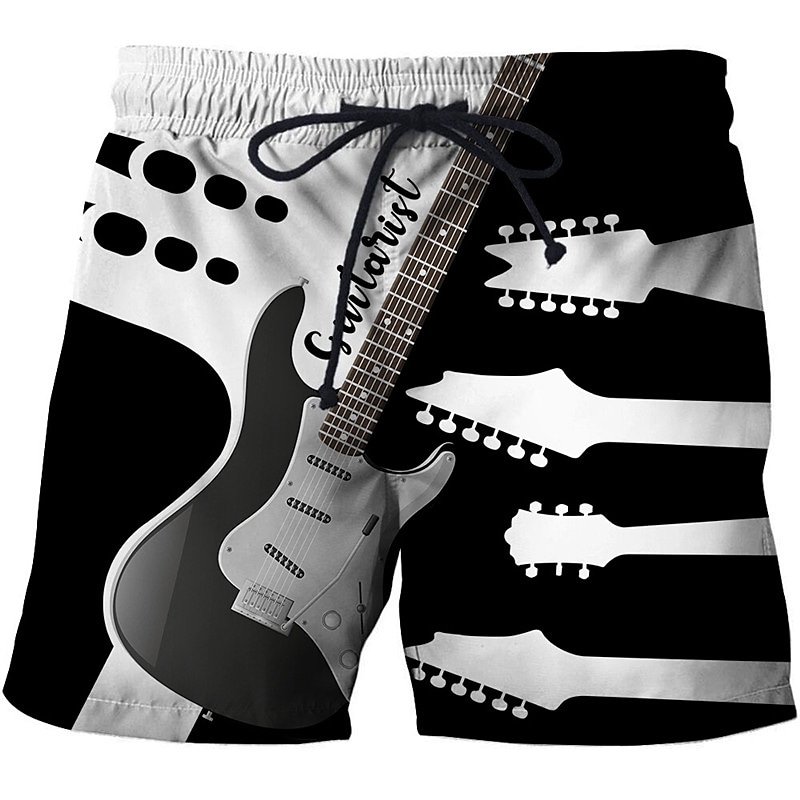 Men's Swim Trunks Summer Shorts Beach Shorts Pocket Drawstring Elastic Waist Letter Guitar Quick Dry Outdoor 