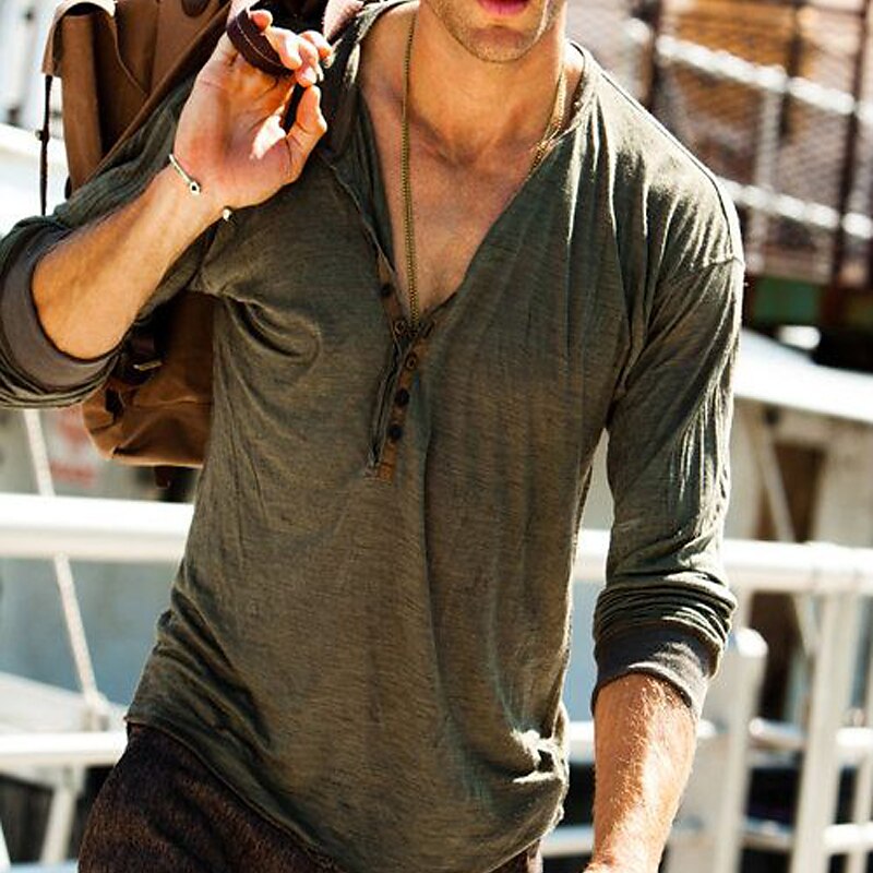 Men's Henley Shirt Cool Shirt Long Sleeve Shirt Plain Print Outdoor Street Long Sleeve Sports Casual Top