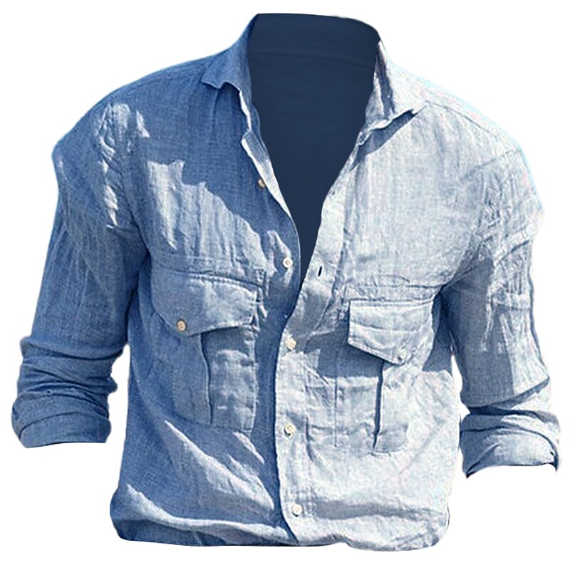 Men's Outdoor Casual Vacation Beach Lightweight Comfortable Quick Dry Breathable Plain Lapel Long Sleeve Shirt