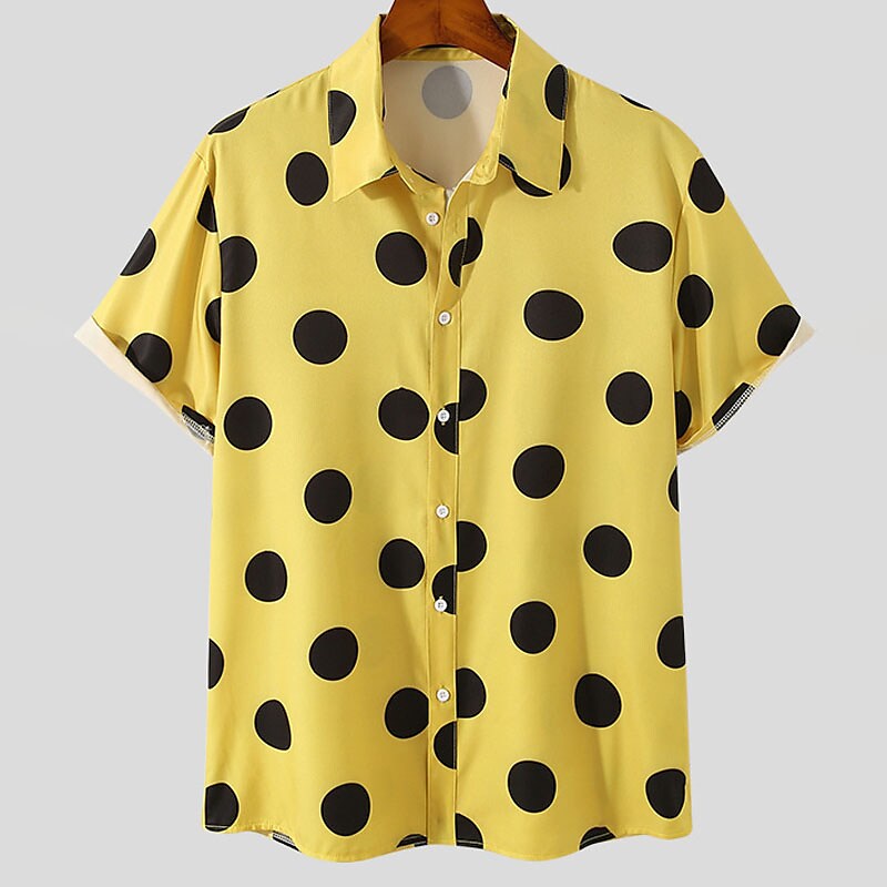 Men's Button Up Summer Casual Shirt Short Sleeve Polka Dot Lapel Outdo