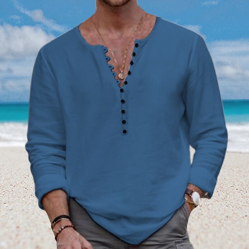 Men's Shirt Henley Shirt Casual Shirt Beach Shirt Long Sleeve Plain Crew Neck Street Daily Top