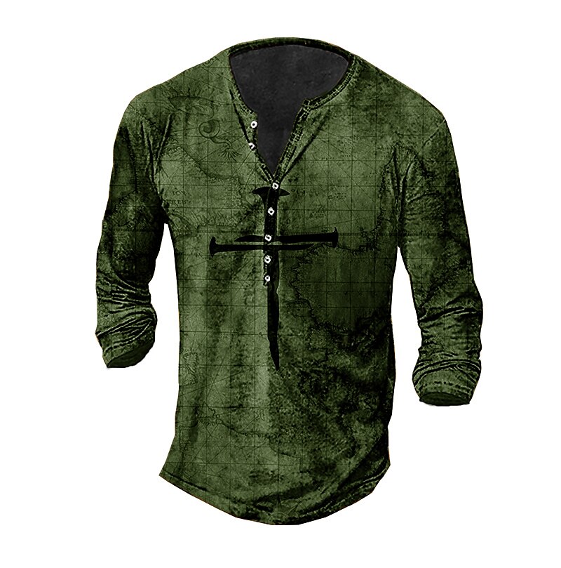 Men's T shirt  Henley Shirt Graphic Cross Outdoor Casual Daily Lightweight Breathable Henley Long Sleeve Top