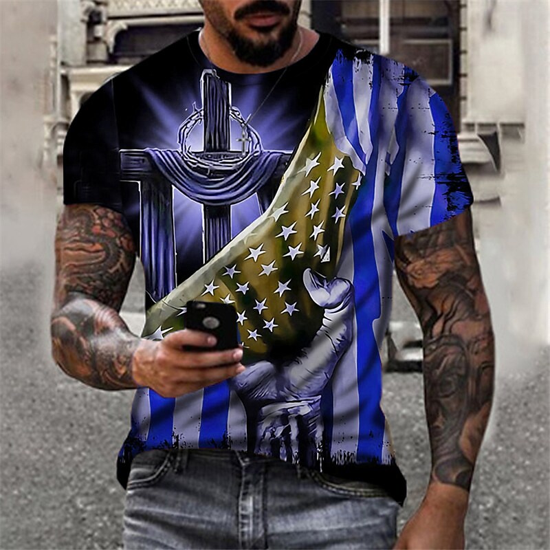 Men's T shirt Tee Cross National Flag Round Neck 3D Print Outdoor Street Short Sleeve Print Top