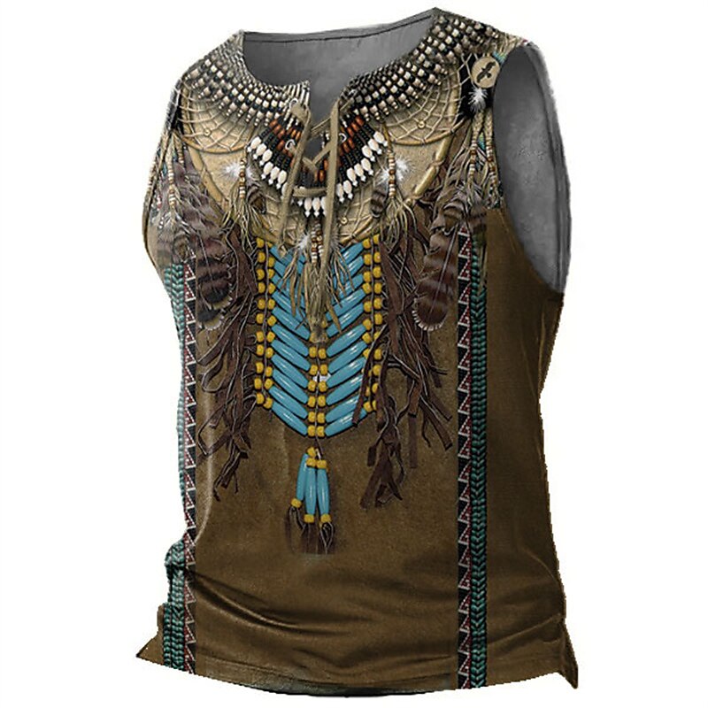 Men's Vest Top Sleeveless T Shirt for Men Graphic Tribal V Neck   Print Daily Sports Sleeveless Lace up Print Designer Ethnic Top